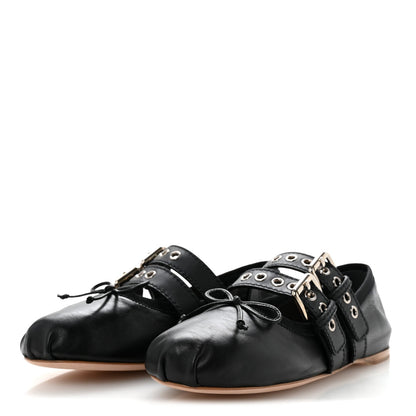 Miu Miu Nappa Vitello Nevada Women's Double Buckle Ballerina Flats 36 Black