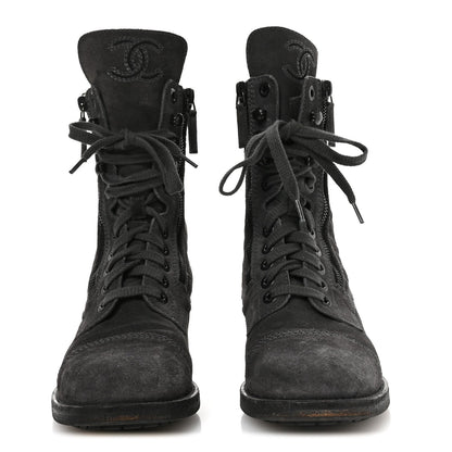 Chanel Suede Women's Quilted CC Tall Lace Up Combat Boots 38 Grey