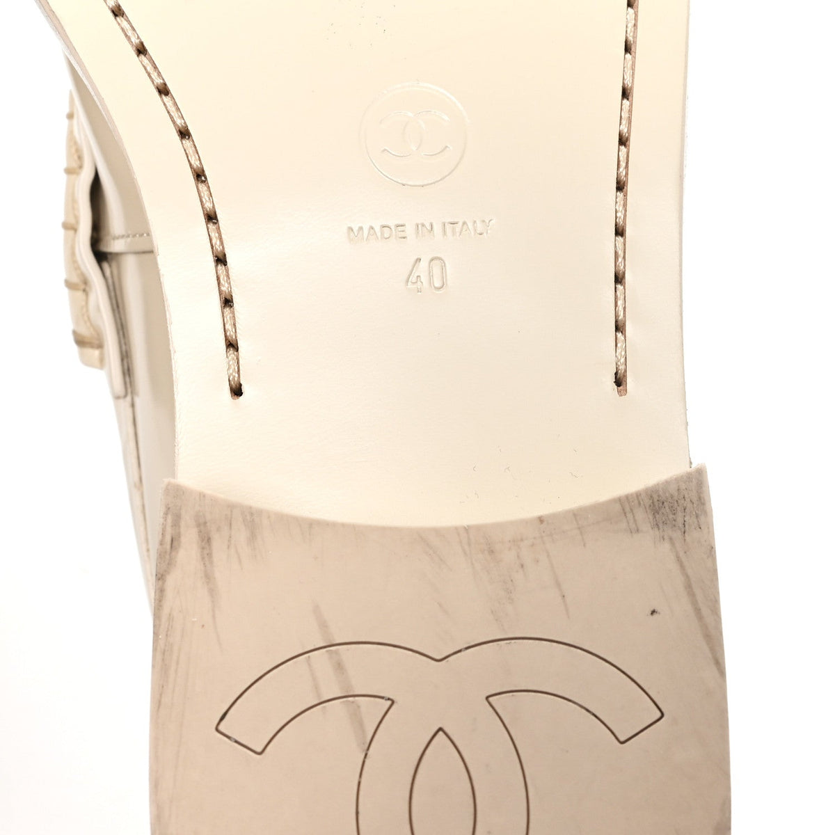 Chanel Shiny Calfskin Women's Logo Loafers 40 Light Beige