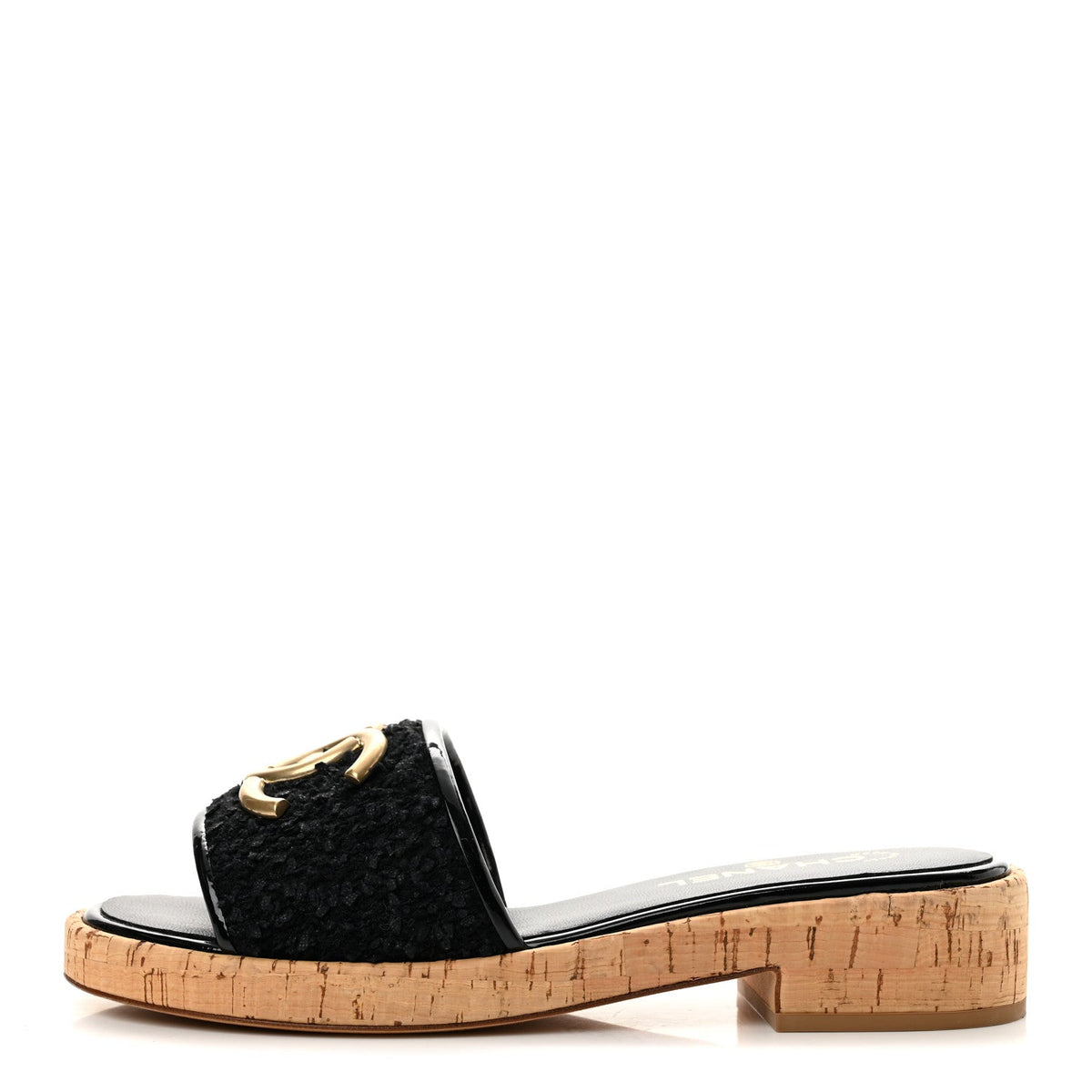 Tweed Cork CC Chain Mule Sandal Black