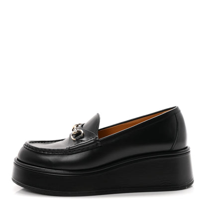 Gucci Calfskin Women's Kama Horsebit Wedge Platform Loafers 38.5 Black