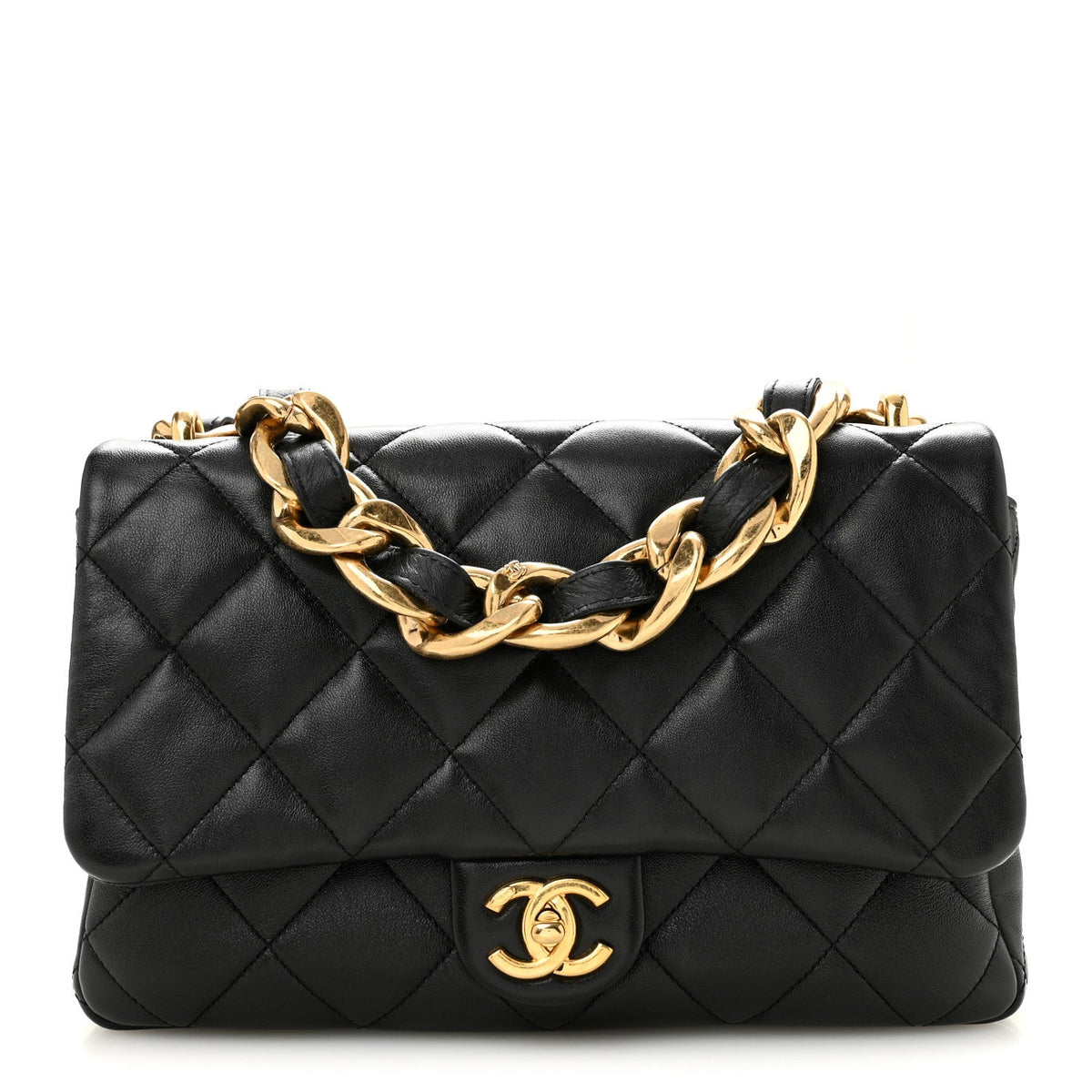 Large Quilted Lambskin Flap Shoulder Bag - Black