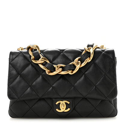 Large Quilted Lambskin Flap Shoulder Bag - Black