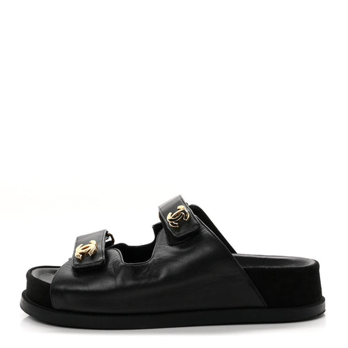 Chanel Lambskin Velcro Dad Chain CC Women's Slide Sandals Black