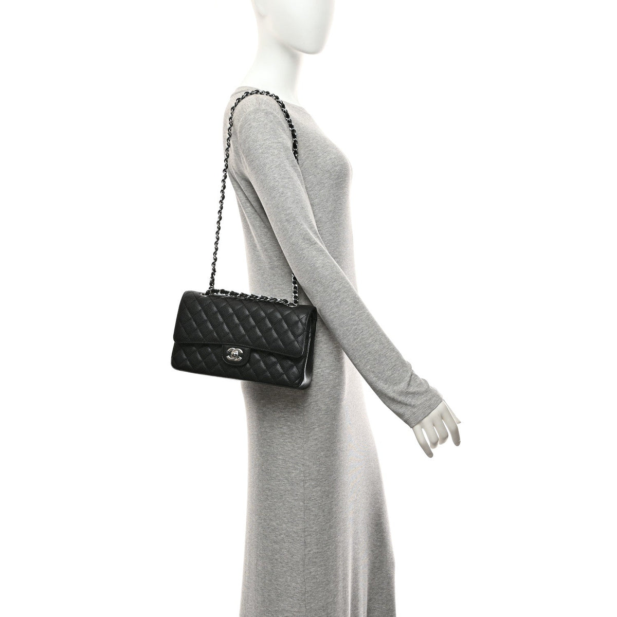 Medium Quilted Caviar Flap Shoulder Bag - Black