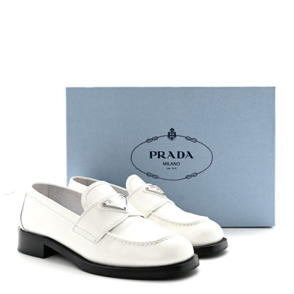 Prada Spazzolato Women's Triangle Logo 20mm Loafers 35 White