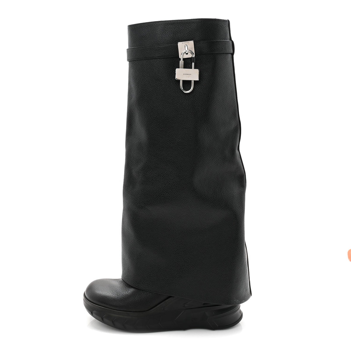 Grained Calfskin Shark Lock Biker Knee Boots Black