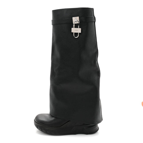 Grained Calfskin Shark Lock Biker Knee Boots Black