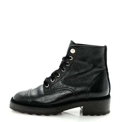 Chanel Shiny Calfskin Velvet Pearl Women's Combat Short Boots 38.5 Black