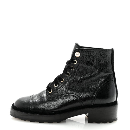 Chanel Shiny Calfskin Velvet Pearl Women's Combat Short Boots 38.5 Black