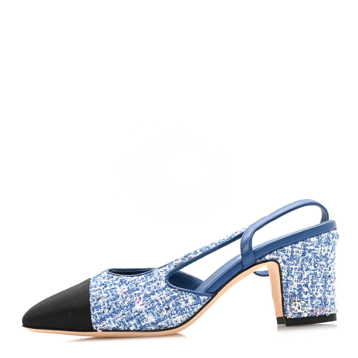 Tweed Grosgrain Cap Toe CC Slingback Pumps Blue White Black