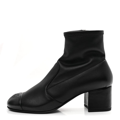 Stretch Lambskin Cap Toe CC Short Boots Black