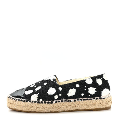 Patent Tweed Splatter Paint Print Cap Toe CC Espadrilles Black White