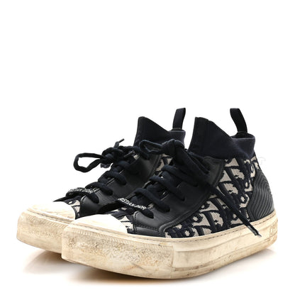 Christian Dior Technical Knit Calfskin Oblique Women's Walk'n Dior Mid Top Sneakers 35 Deep Blue