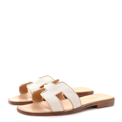 Hermes Linen Canvas Women's Oran Sandals 38 Beige