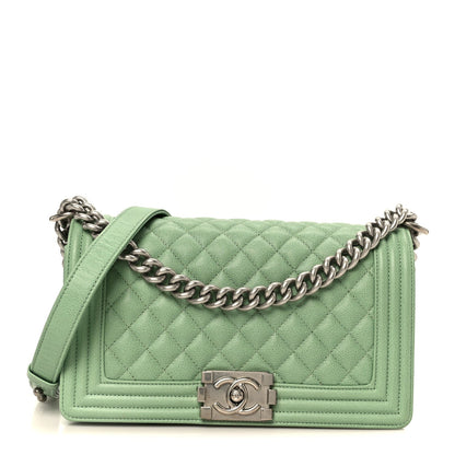 Medium Quilted Caviar Flap Shoulder Bag - Light Green