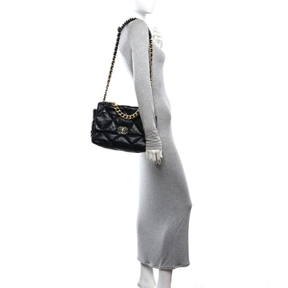 Large Quilted Goatskin Flap Shoulder Bag - Black