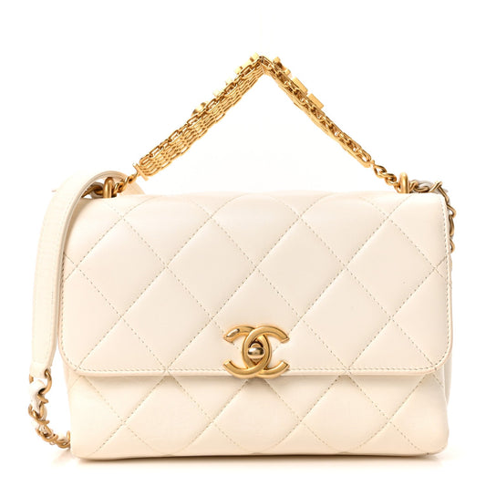 Small Quilted Lambskin Flap Shoulder Bag - White