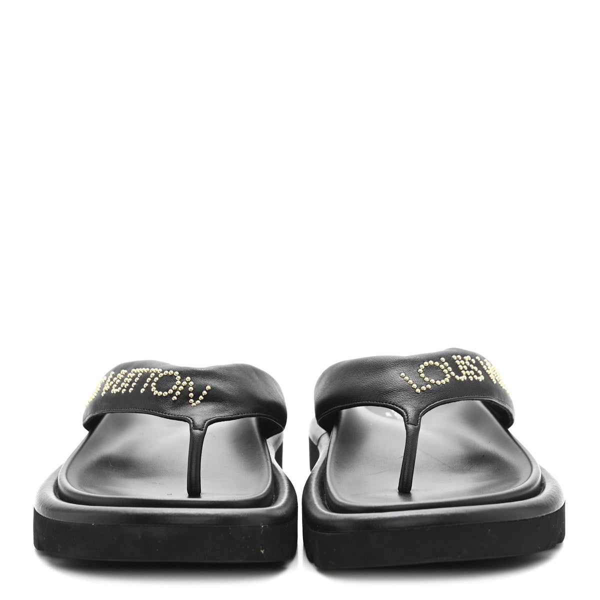 Louis Vuitton Calfskin Women's Logo Studded Pillow Flat Sandals 35 Black