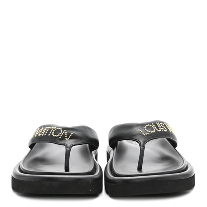 Louis Vuitton Calfskin Women's Logo Studded Pillow Flat Sandals 35 Black