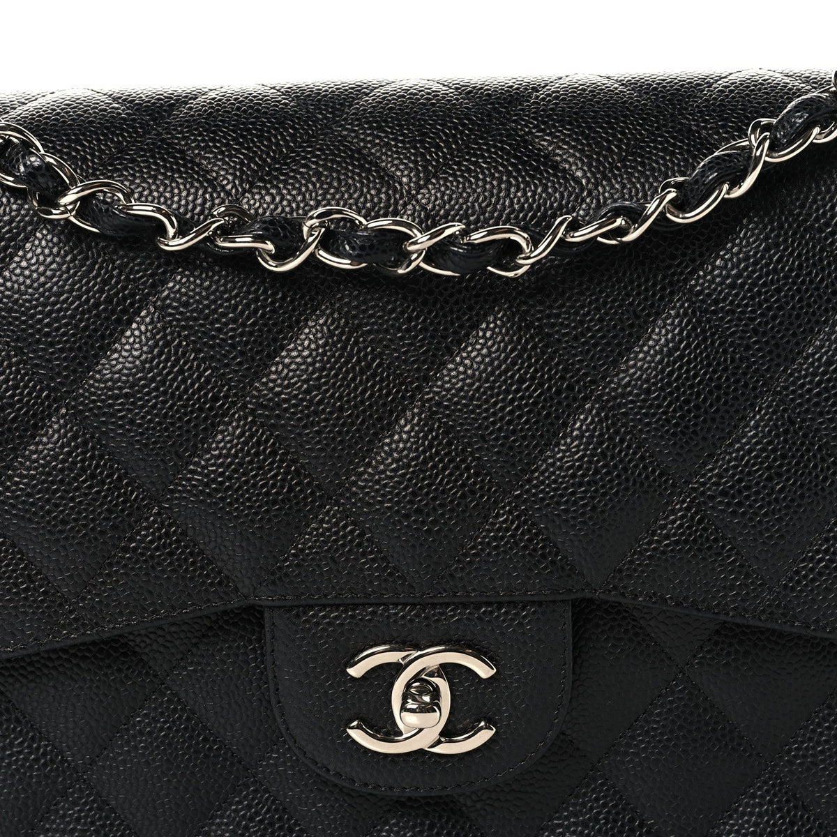 Quilted Caviar Flap Shoulder Bag - Black