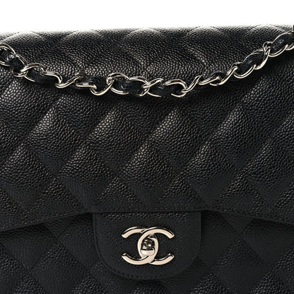 Quilted Caviar Flap Shoulder Bag - Black