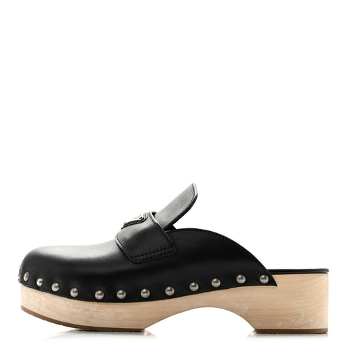 Prada Calfskin Women's Metal Triangle Logo 45mm Clogs 40 Black