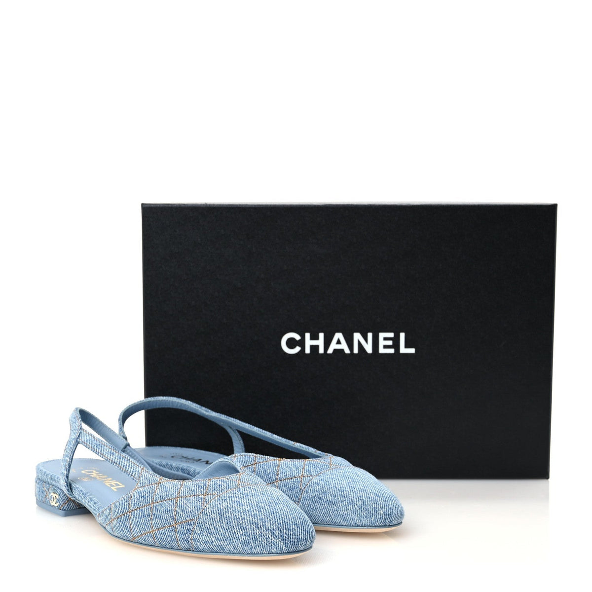Chanel Denim Quilted CC Cap Toe Women's Slingback Flats Light Blue