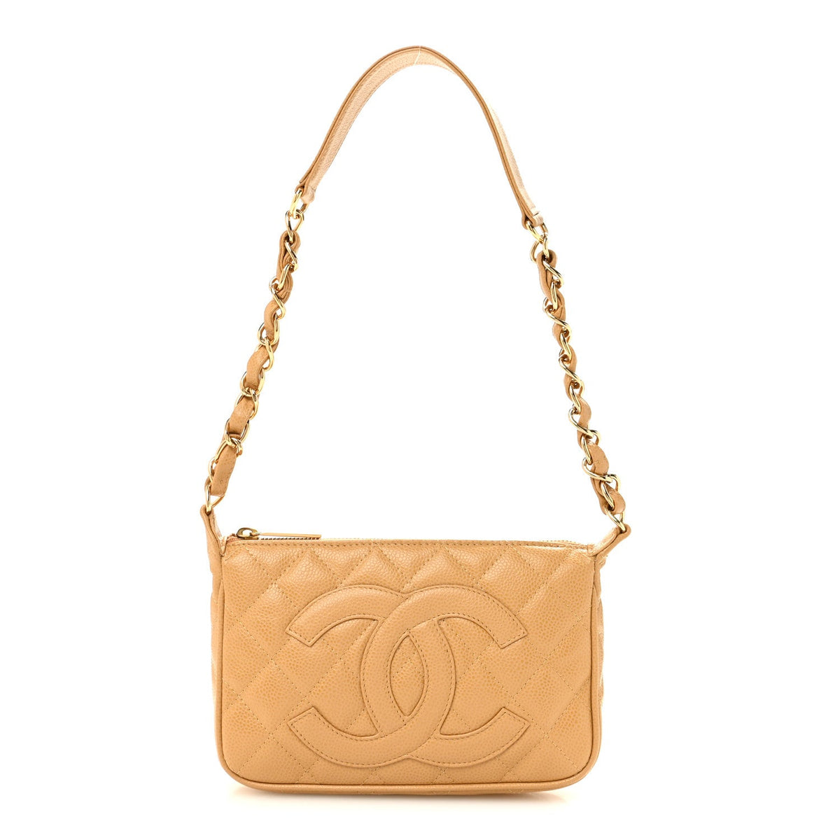 Quilted Caviar Shoulder Bag - Beige