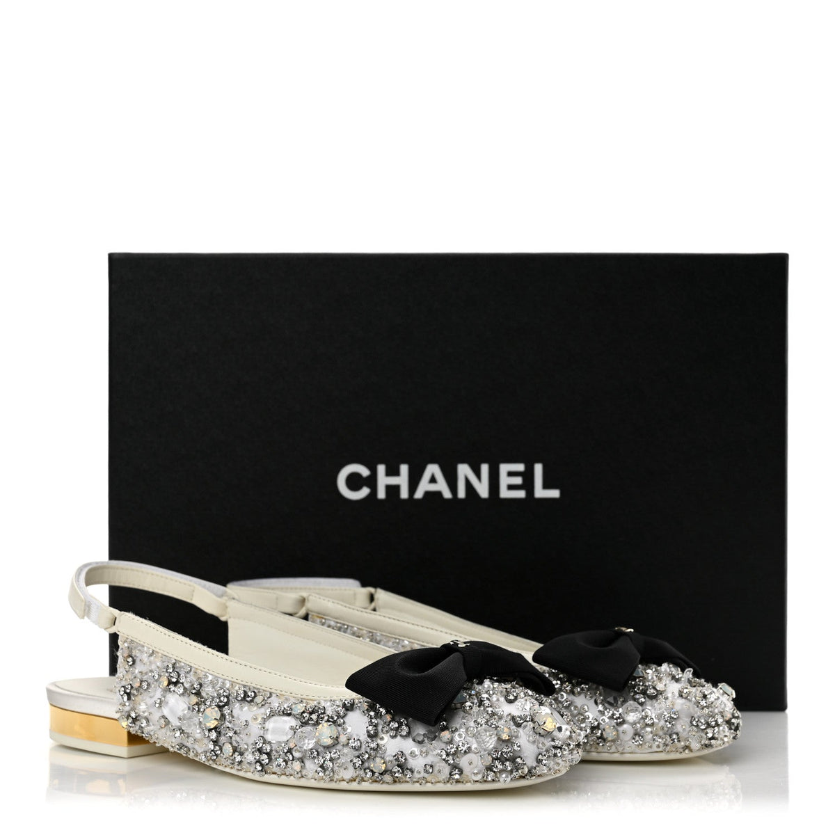 Chanel Satin Crystal Grosgrain Bow CC Slingback Women's Flats