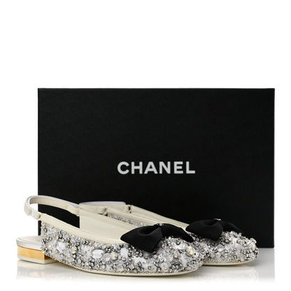 Chanel Satin Crystal Grosgrain Bow CC Slingback Women's Flats