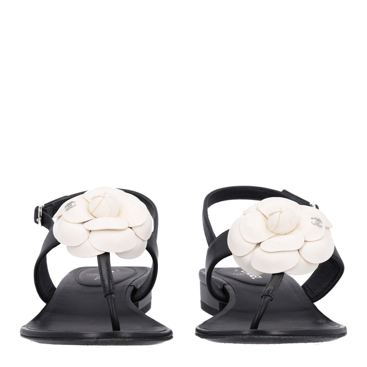 Chanel Lambskin Camellia Women's Thong Sandals 36.5 Black White
