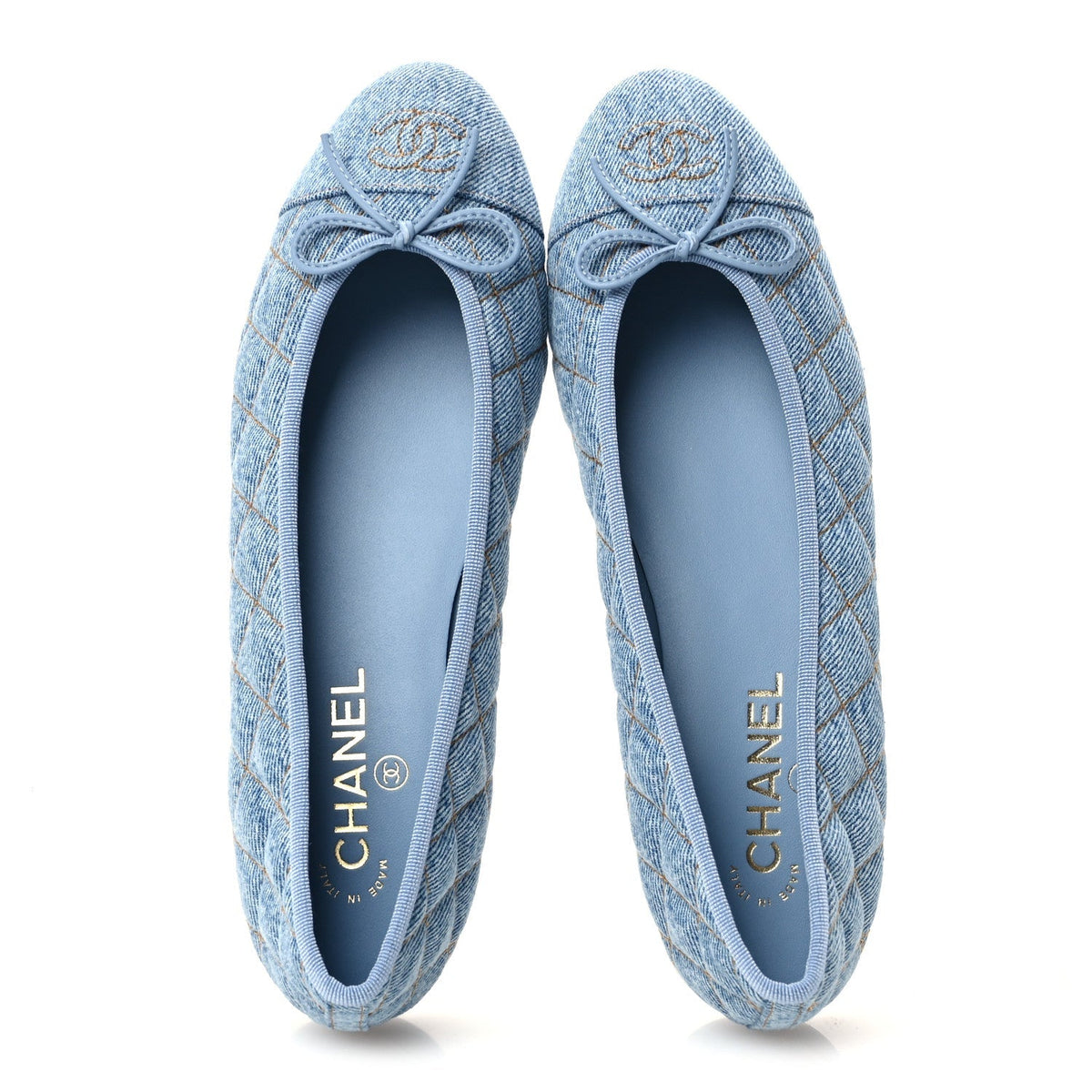 Chanel Denim Quilted CC Cap Toe Women's Ballerina Flats Light Blue
