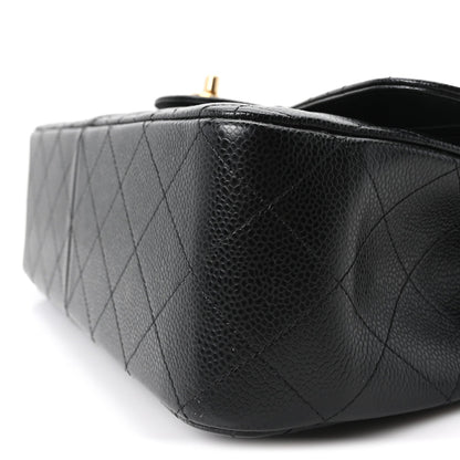 Quilted Caviar Flap Shoulder Bag - Black