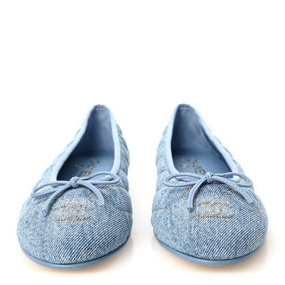 Chanel Denim Quilted CC Cap Toe Women's Ballerina Flats Light Blue