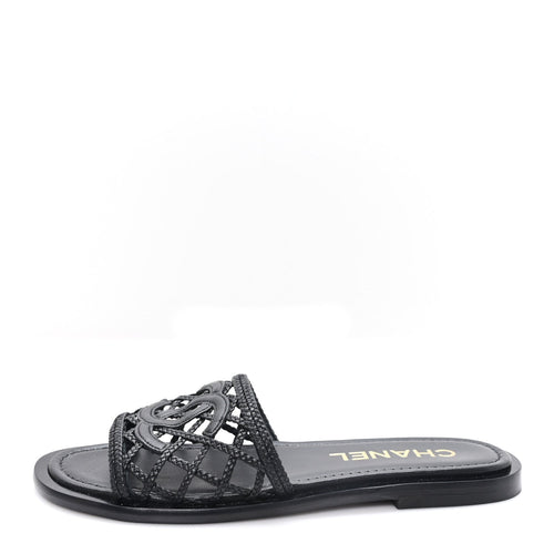 Lambskin Crochet CC Mules Sandals Black