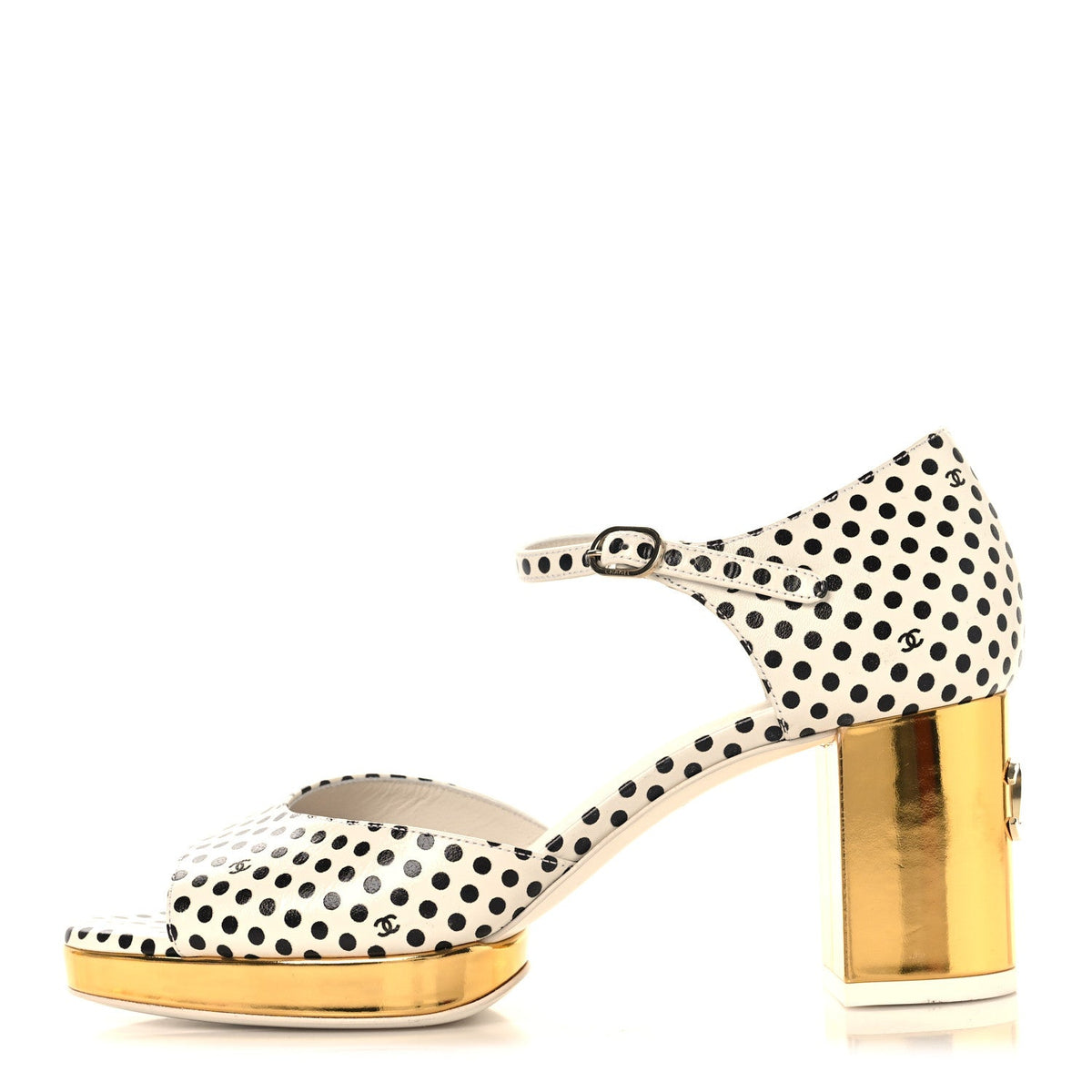 Printed Calfskin Polka Dot CC Platform Sandals Ivory Black