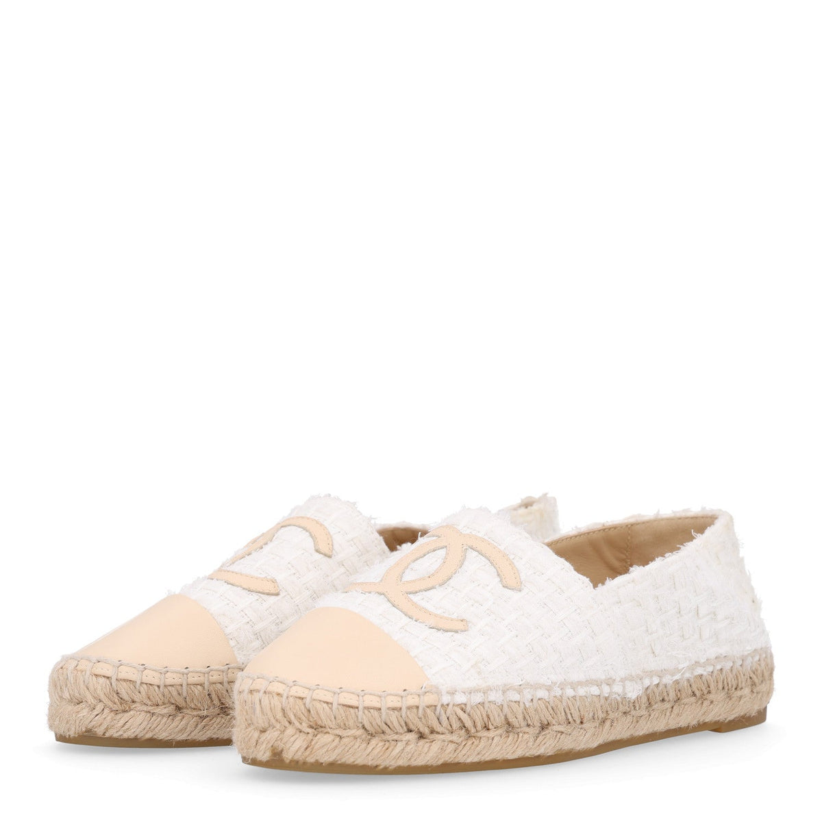 Chanel Tweed Grosgrain Women's CC Espadrilles 36 White Beige