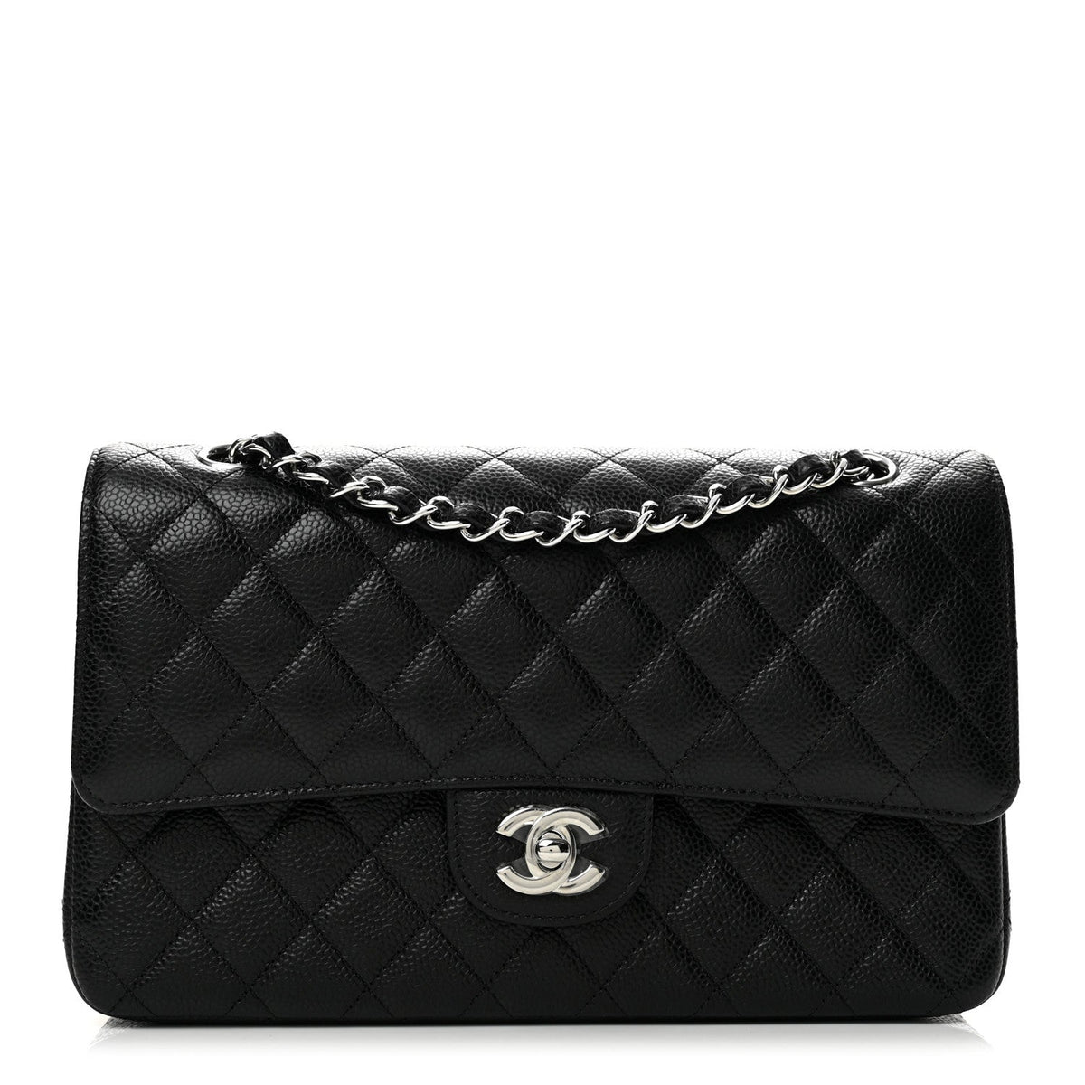 Medium Quilted Caviar Flap Shoulder Bag - Black