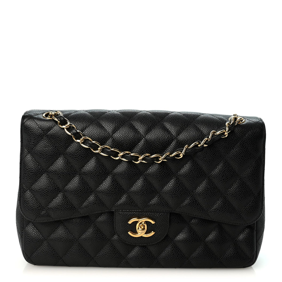 Quilted Caviar Flap Shoulder Bag - Black