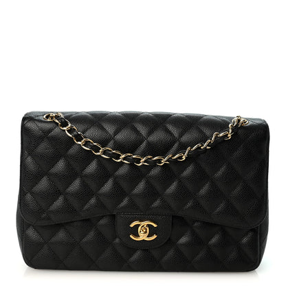 Quilted Caviar Flap Shoulder Bag - Black