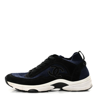 Chanel Knit Fabric Suede Calfskin CC Women's Sneakers Navy Black