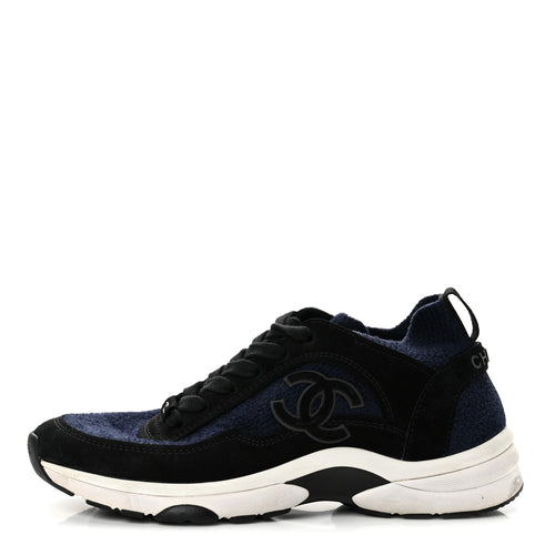 Chanel Knit Fabric Suede Calfskin CC Women's Sneakers Navy Black