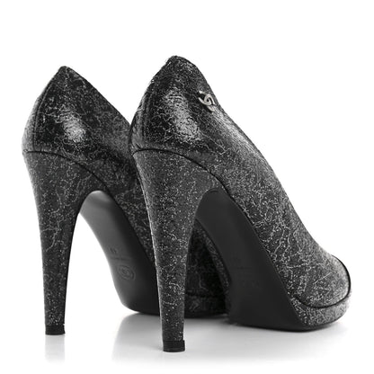 Chanel Metallic Crackled Calfskin Patent Cap Toe Women's Pumps 41 Silver Black
