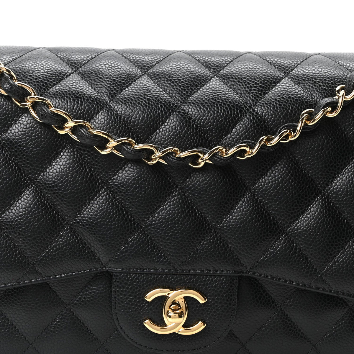Quilted Caviar Flap Shoulder Bag - Black