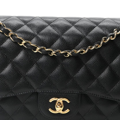 Quilted Caviar Flap Shoulder Bag - Black