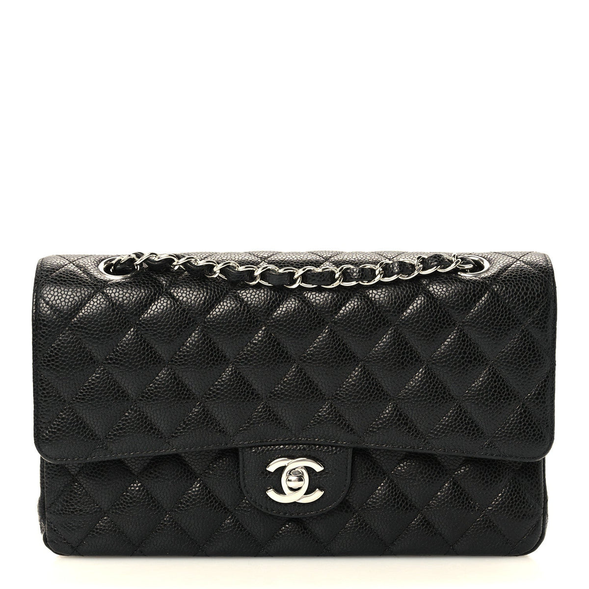 Medium Quilted Caviar Flap Shoulder Bag - Black