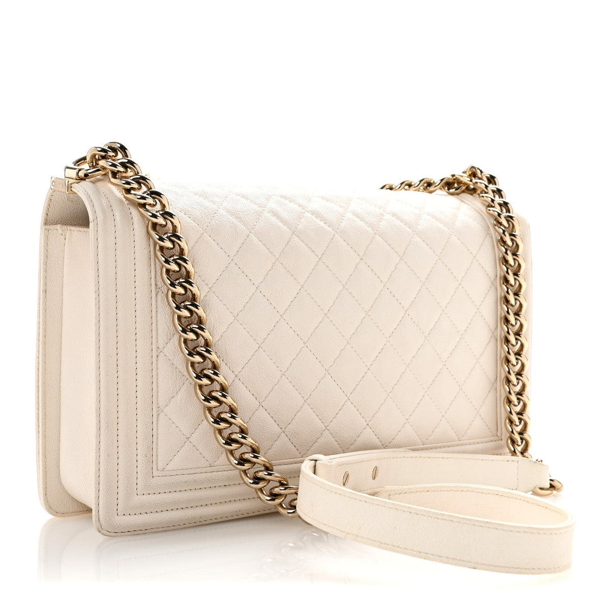 Medium Quilted Caviar Flap Shoulder Bag - White