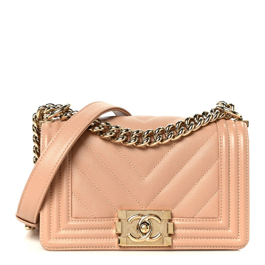Small Quilted Caviar Flap Shoulder Bag - Beige