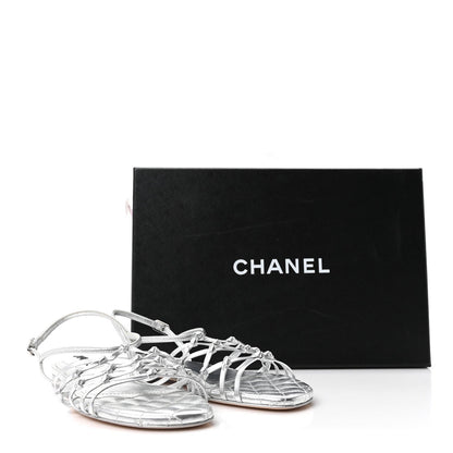 Chanel Laminated Lambskin Women's CC Sandals 36.5 Silver